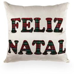 Almofada Decorativa Quadrada 45x45cm Veludo Feliz Natal MOD25 Cru/Vermelho/Verde