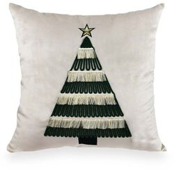 Almofada Decorativa Quadrada 45x45cm Veludo Natal Arvore MOD31 Cru/Verde