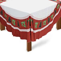 Toalha de Mesa Quadrada 220x220cm Natal Arvore Branca/Vermelho